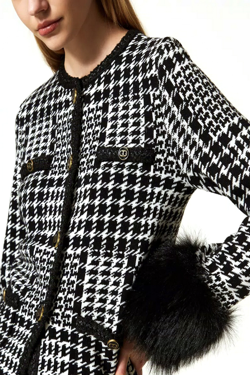 TWINSET Twinset knitted coat/cardigan in pied de poule pattern with detachable faux fur details BLACK
