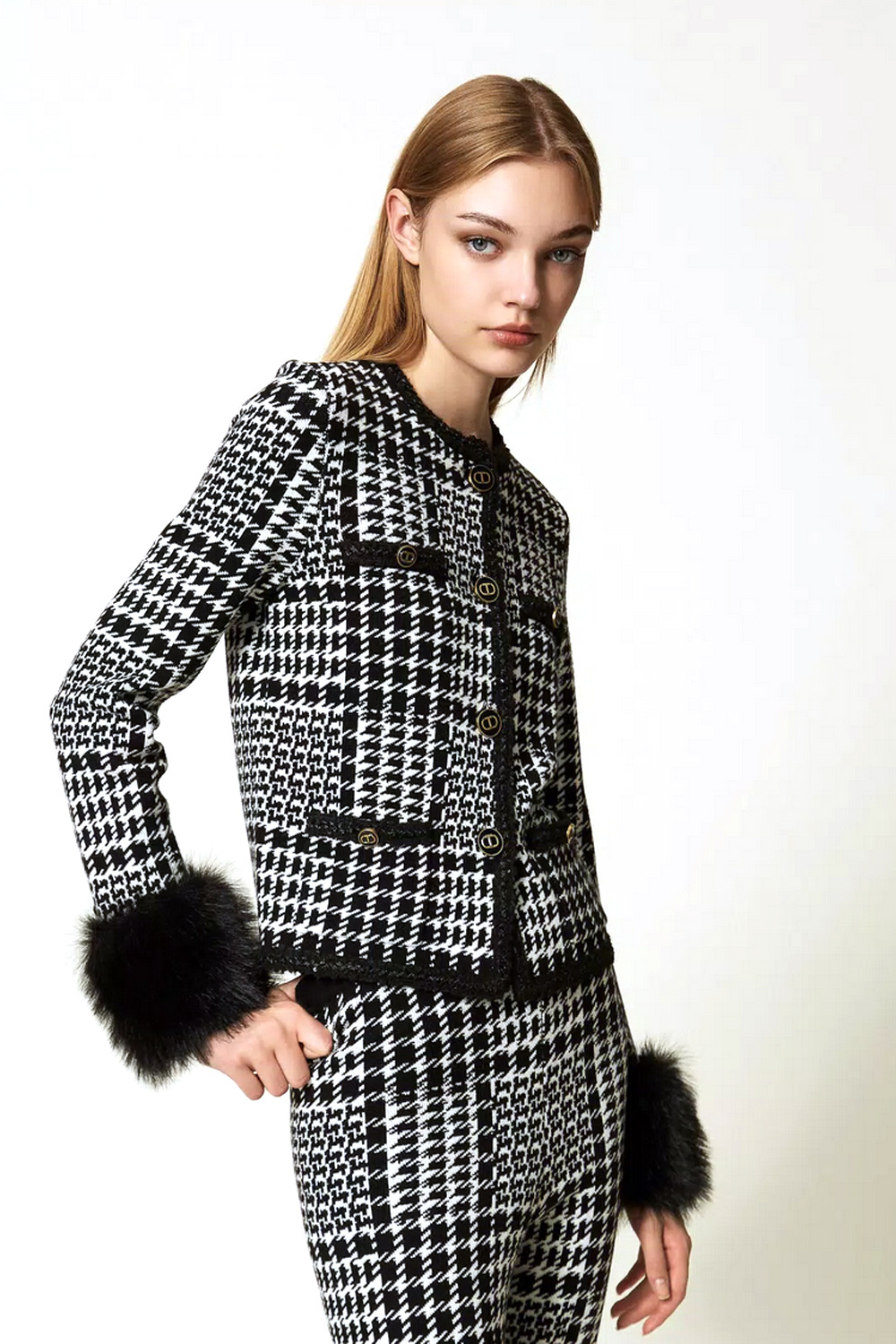 TWINSET Twinset knitted coat/cardigan in pied de poule pattern with detachable faux fur details BLACK