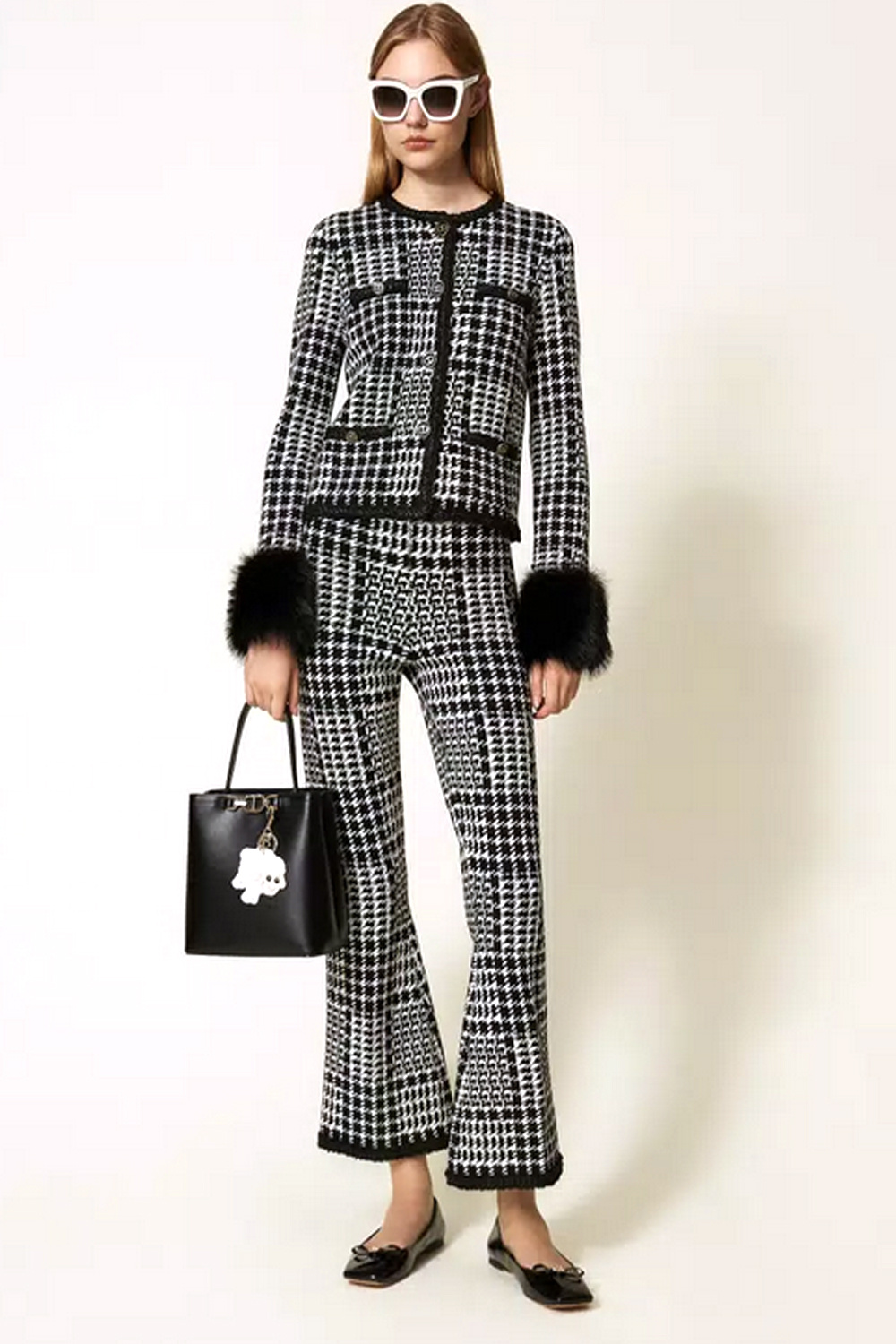 TWINSET Twinset knitted coat/cardigan in pied de poule pattern with detachable faux fur details BLACK