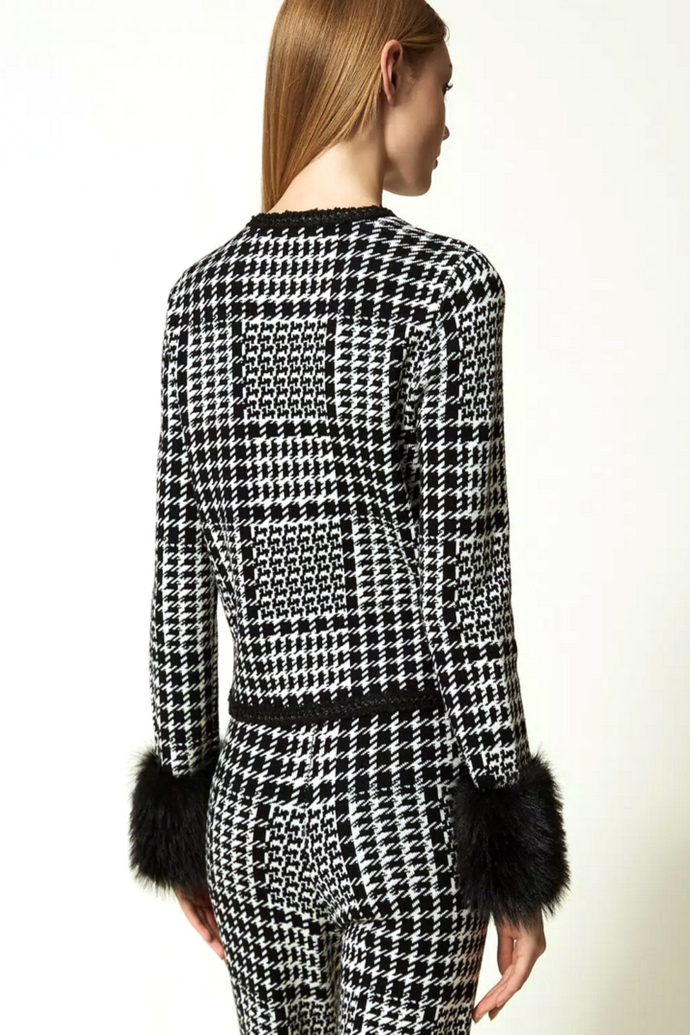 TWINSET Twinset knitted coat/cardigan in pied de poule pattern with detachable faux fur details BLACK
