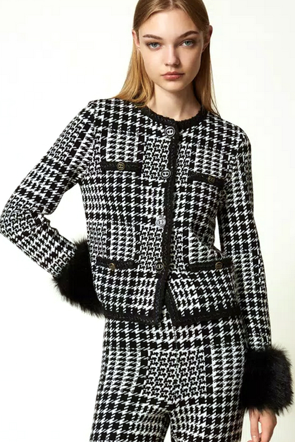 TWINSET Twinset knitted coat/cardigan in pied de poule pattern with detachable faux fur details BLACK