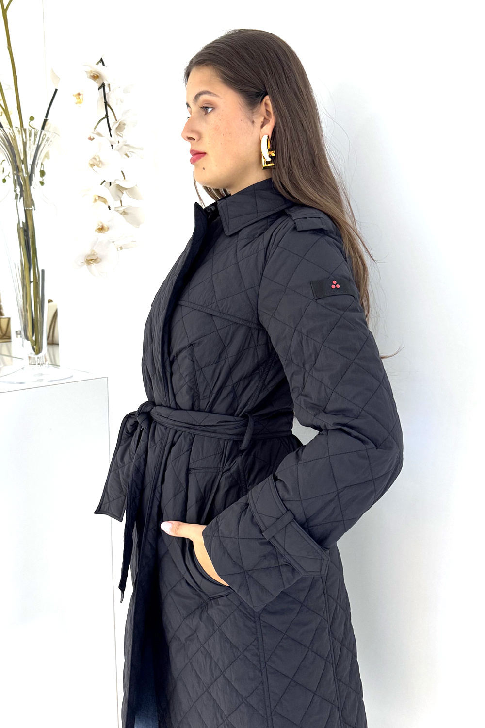 PEUTEREY Peuterey Lange jas in ruitpatroon met ceintuur ZWART