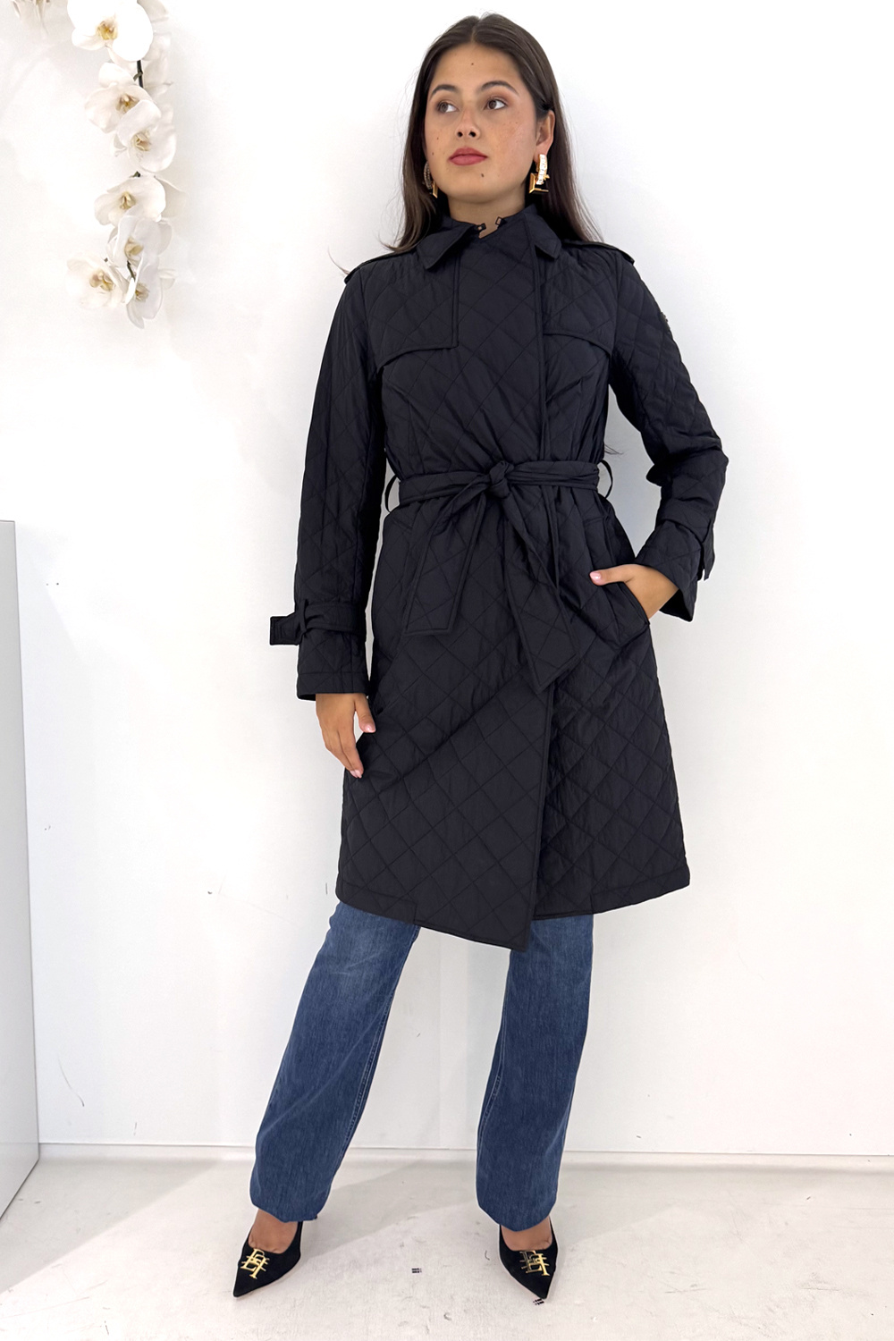 PEUTEREY Peuterey Lange jas in ruitpatroon met ceintuur ZWART