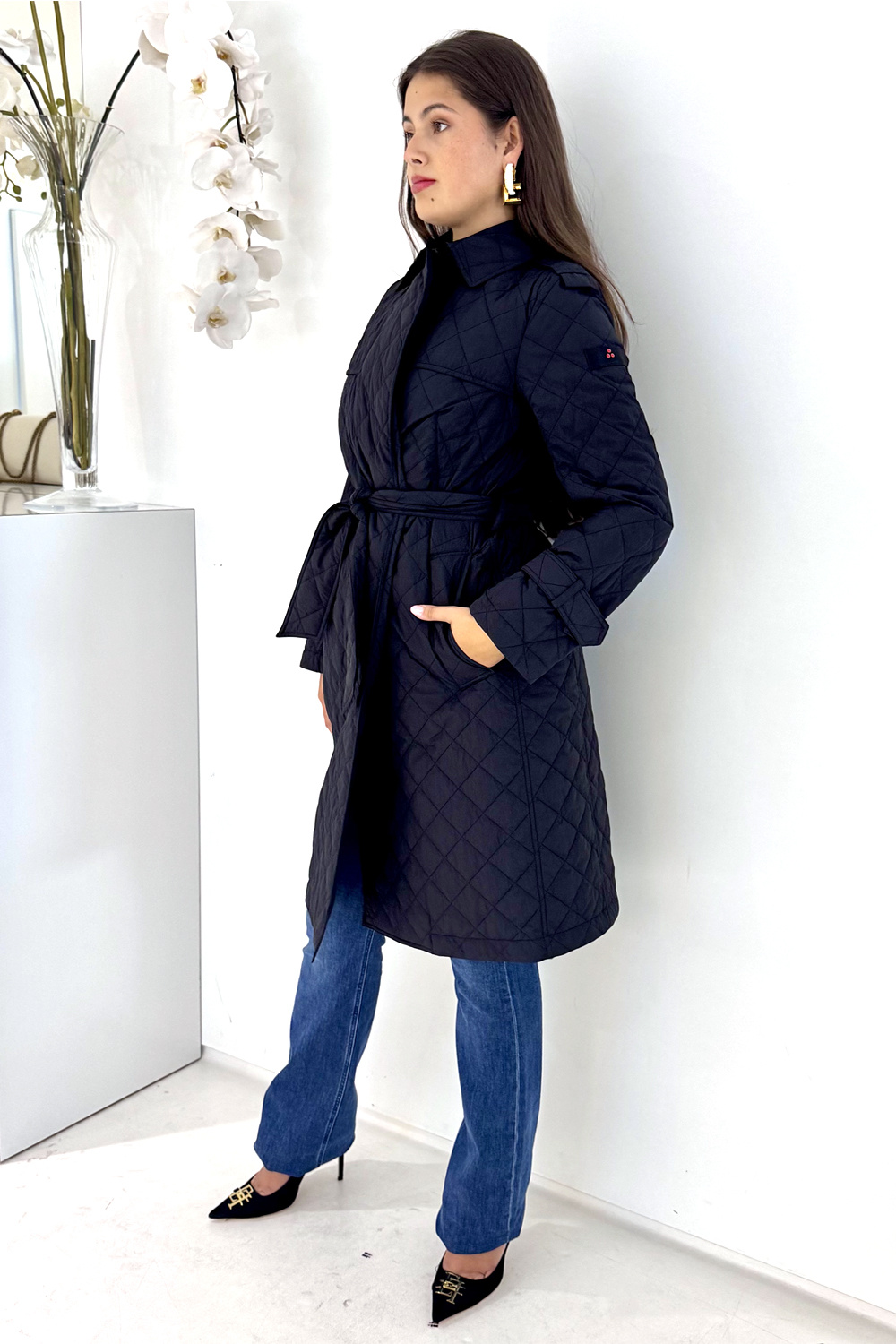 PEUTEREY Peuterey Lange jas in ruitpatroon met ceintuur ZWART