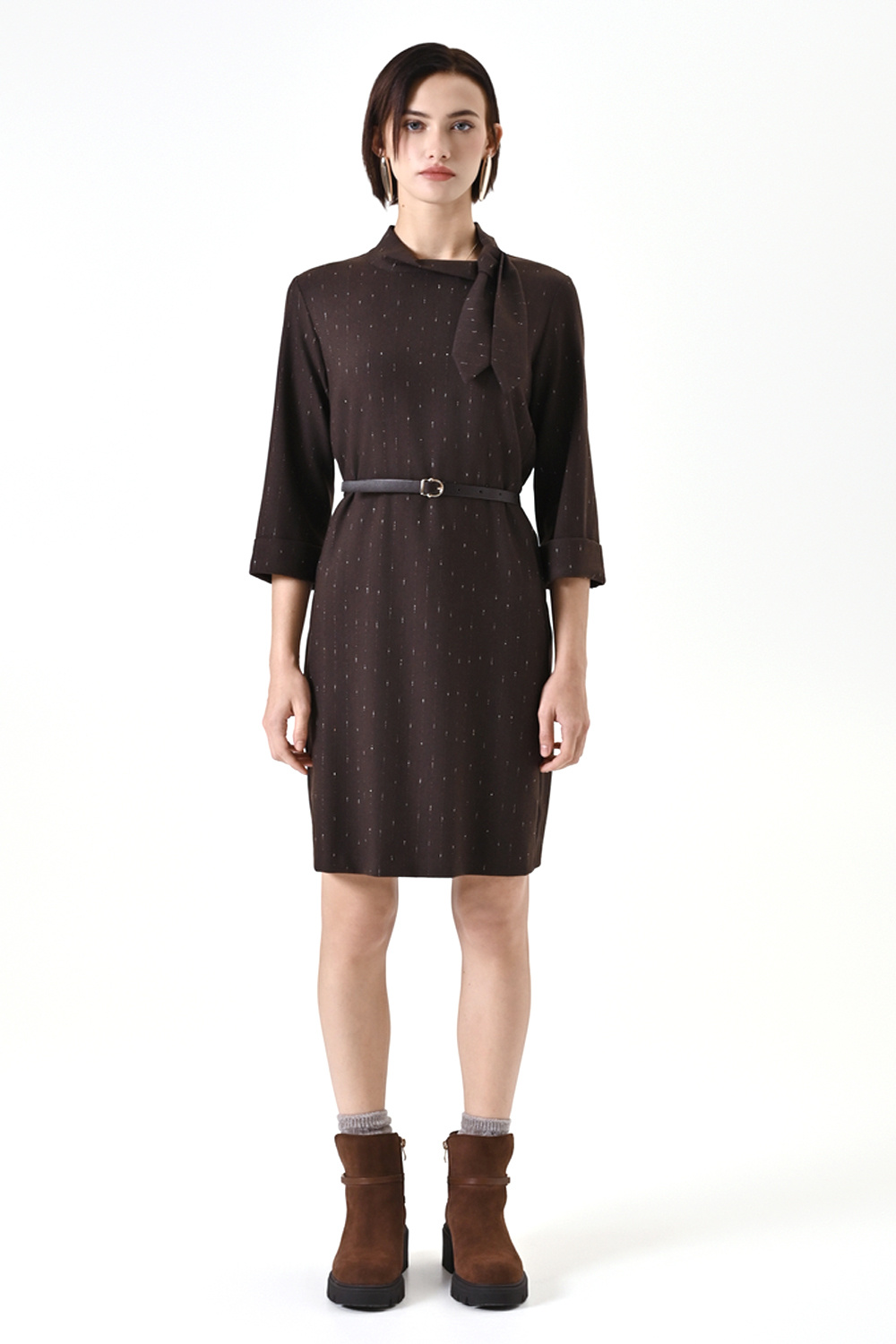 RINASCIMENTO Rinascimento Dress with belt in gold details BROWN