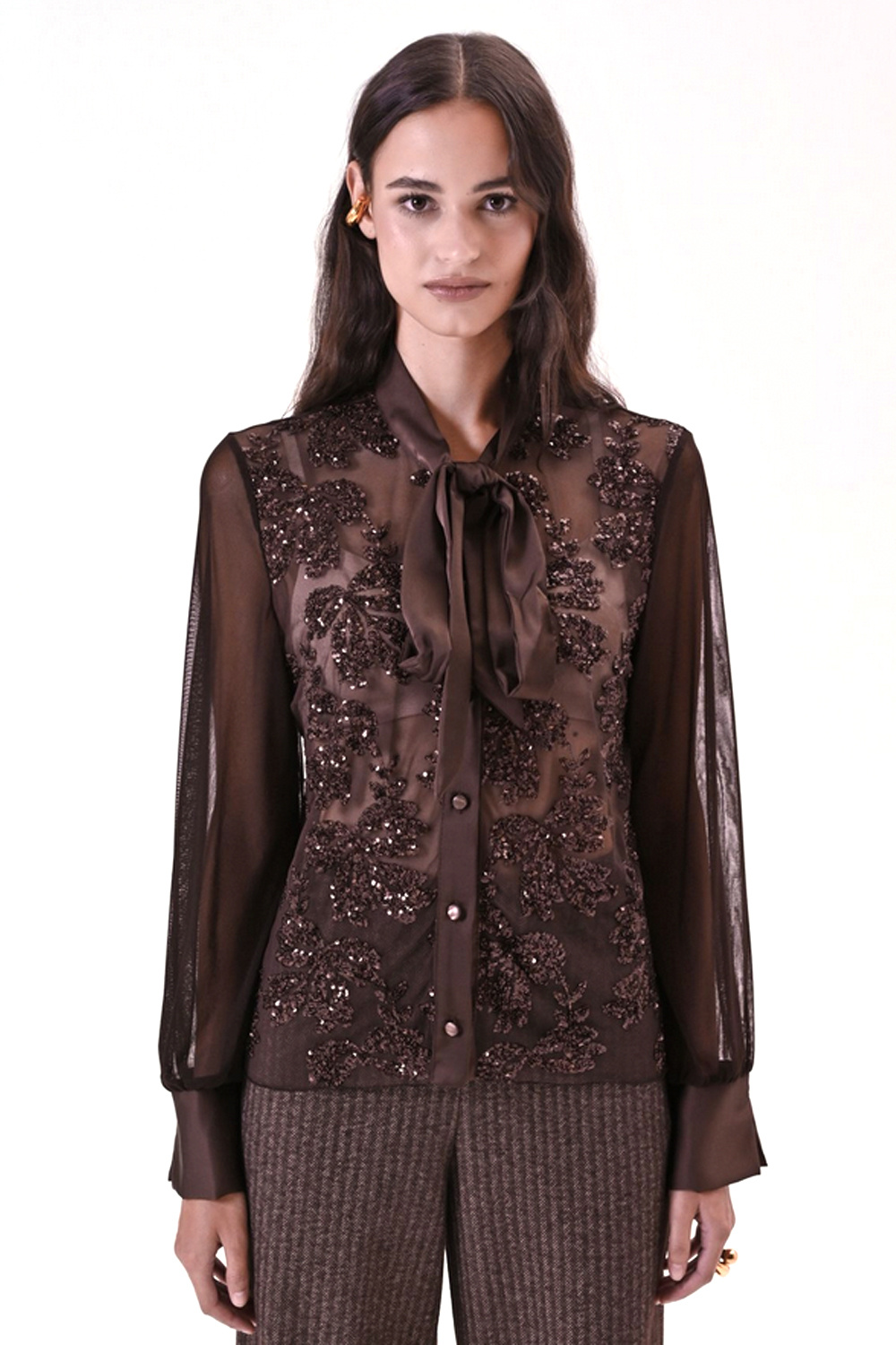 RINASCIMENTO Rinascimento Blouse met glitter pailletten en strik BRUIN