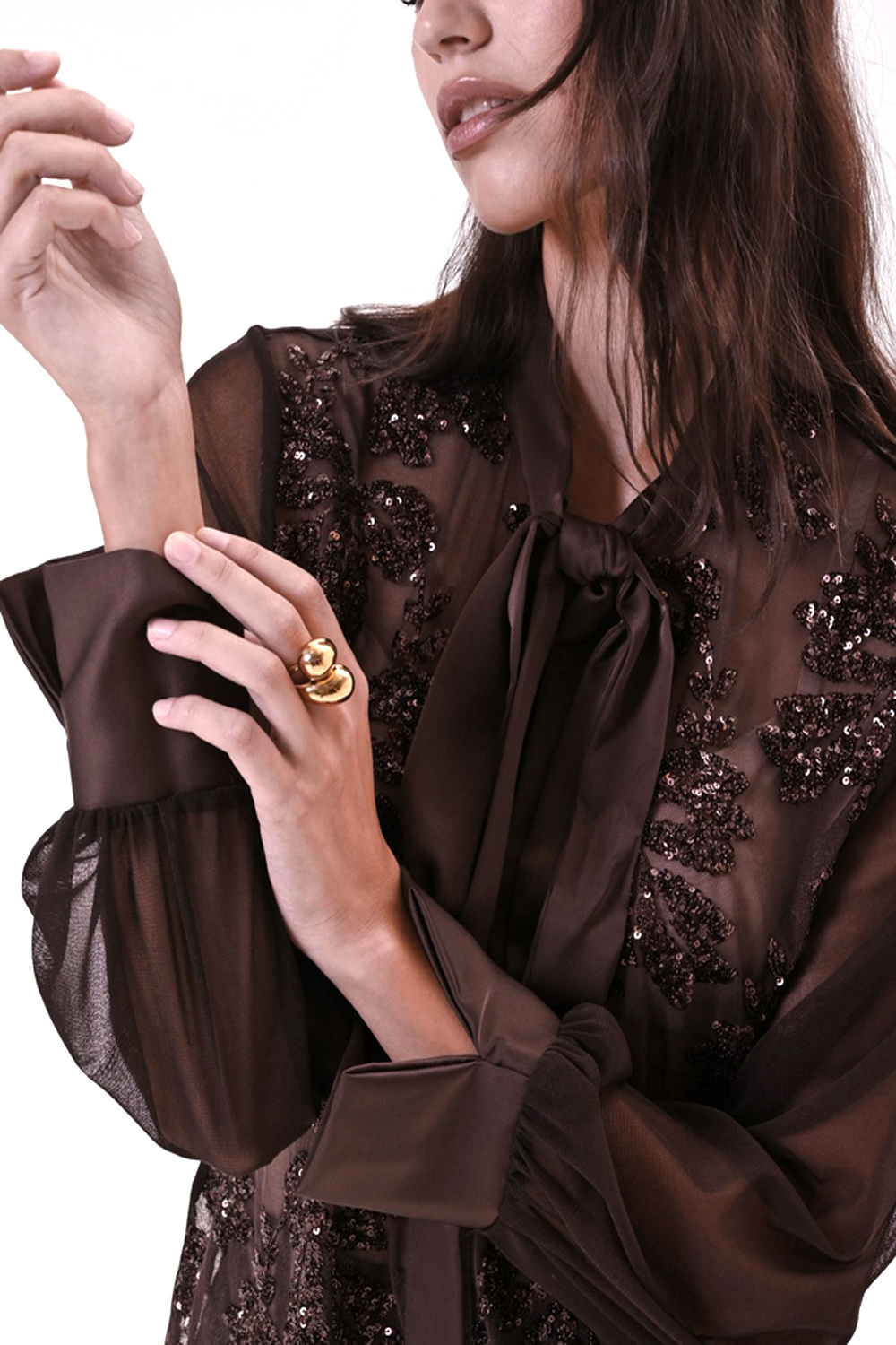 RINASCIMENTO Rinascimento Blouse met glitter pailletten en strik BRUIN