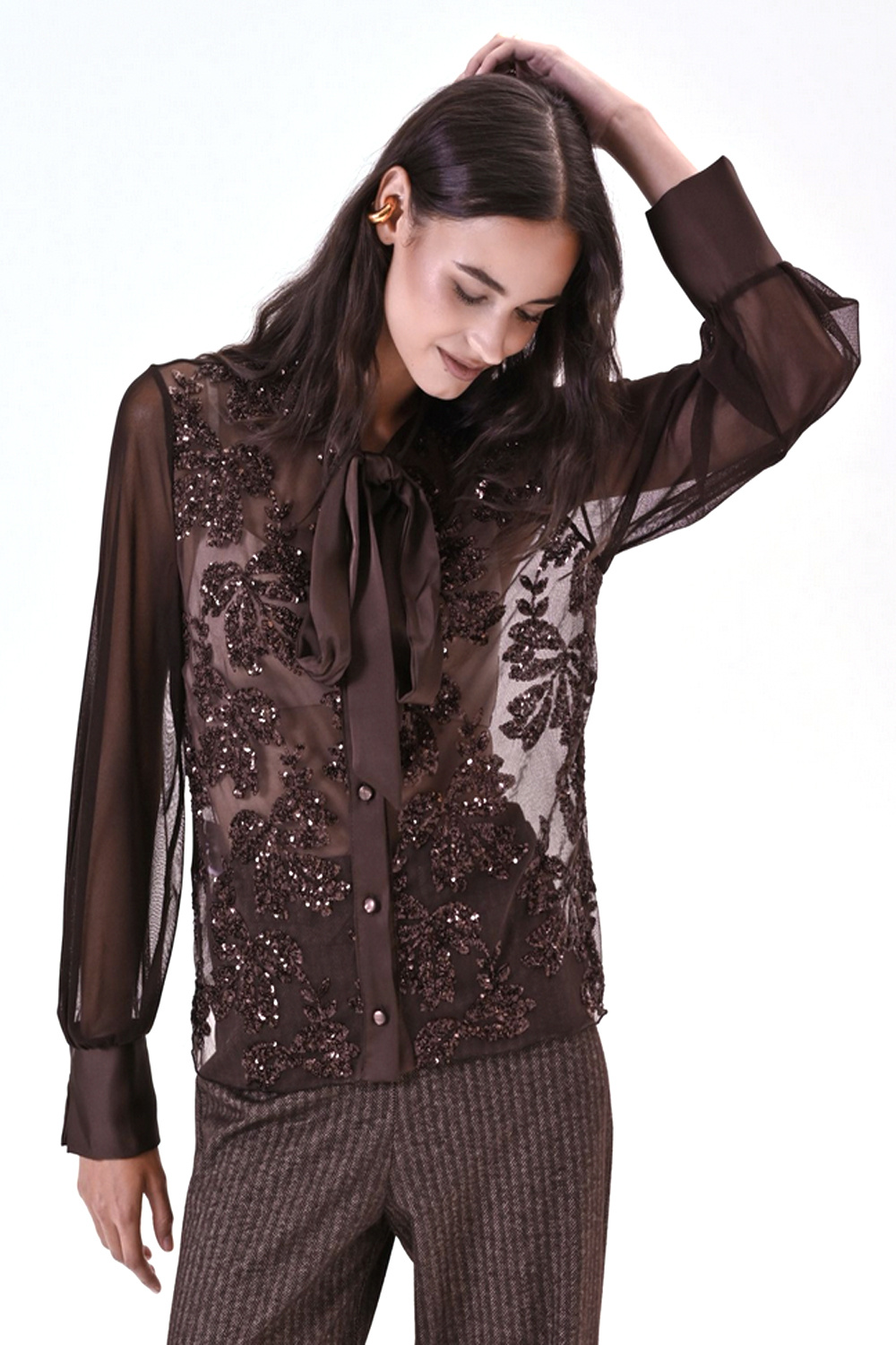 RINASCIMENTO Rinascimento Blouse met glitter pailletten en strik BRUIN