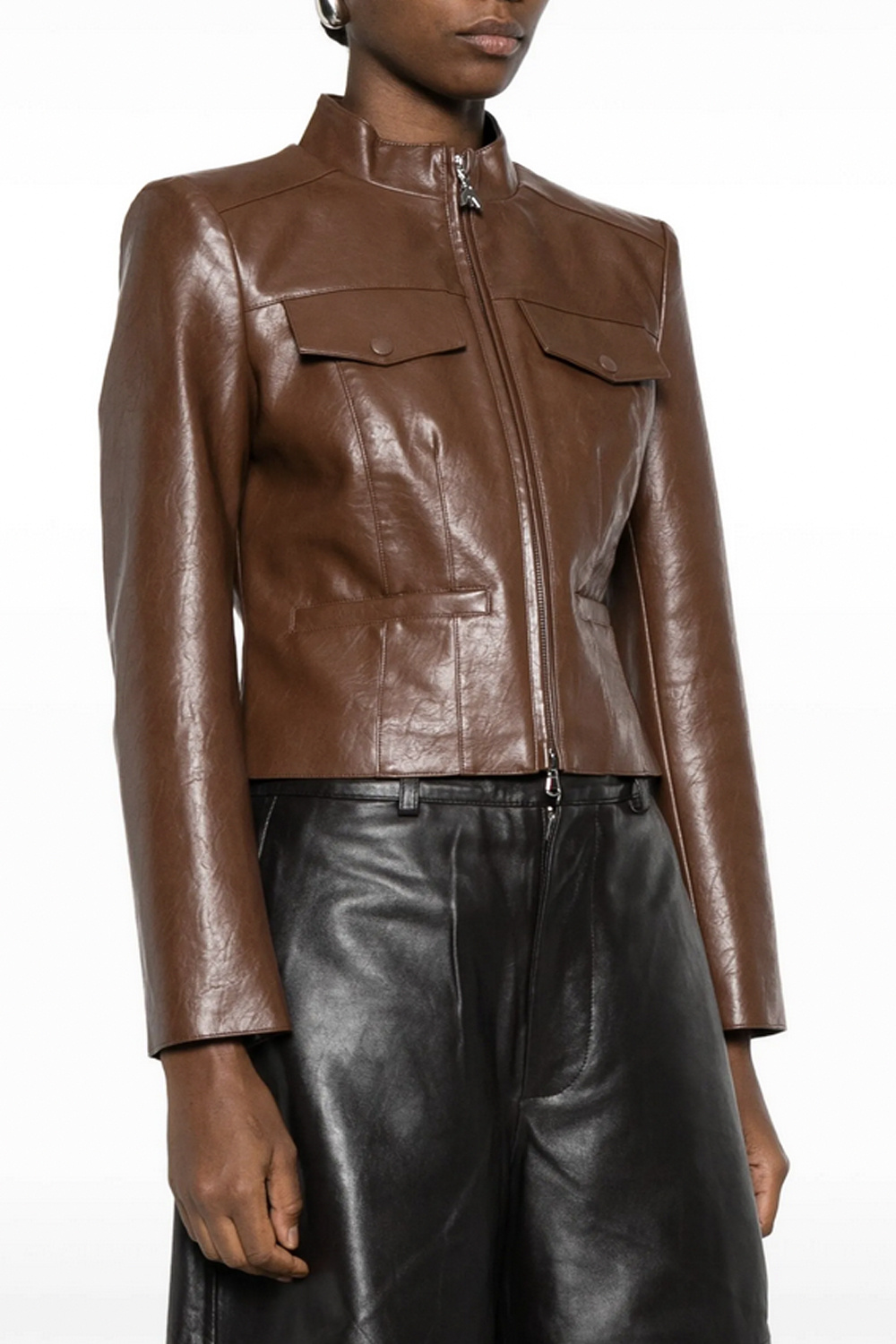 PATRIZIA PEPE Patrizia Pepe leer jasje met zilveren rits Cognac BRUIN