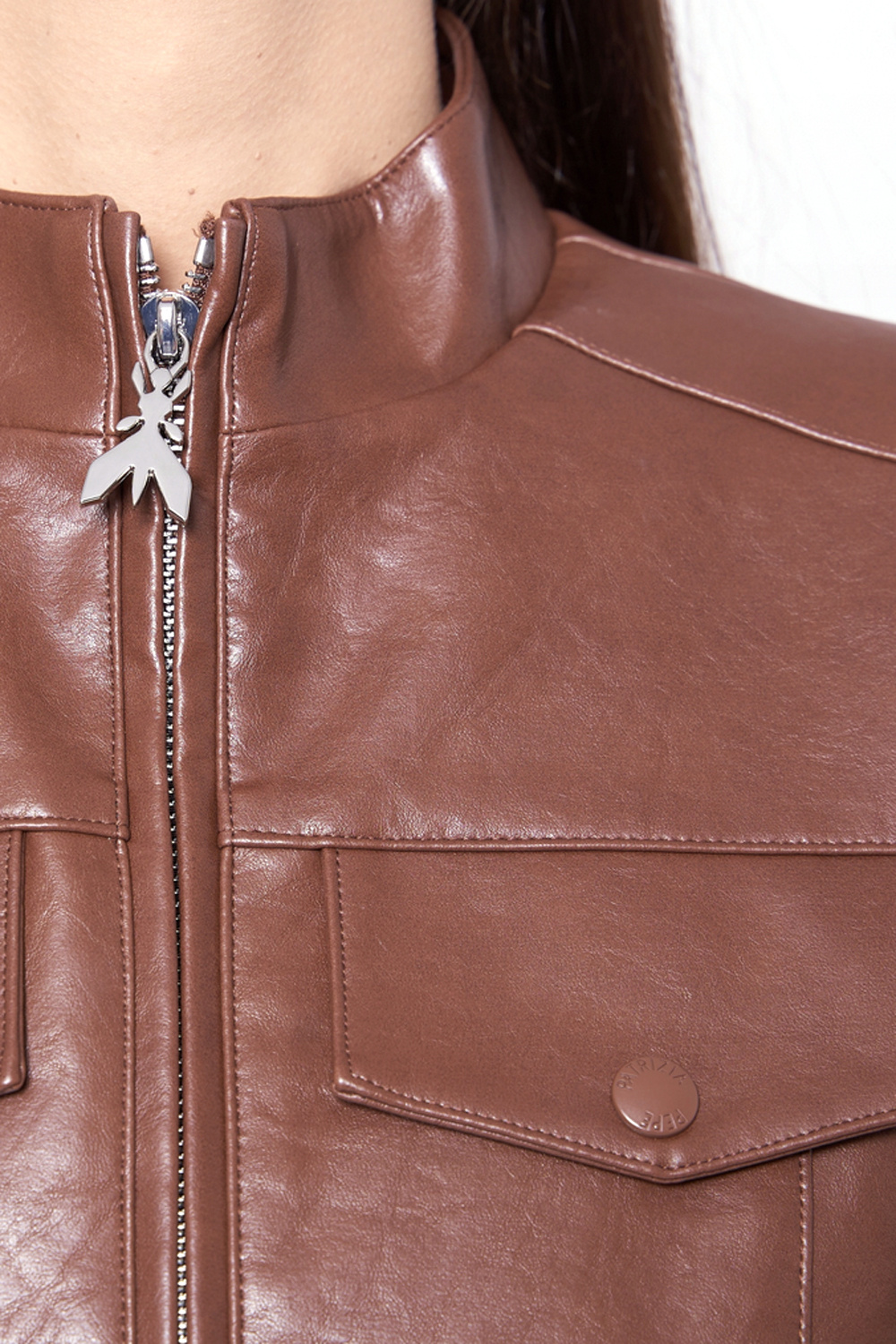 PATRIZIA PEPE Patrizia Pepe leer jasje met zilveren rits Cognac BRUIN