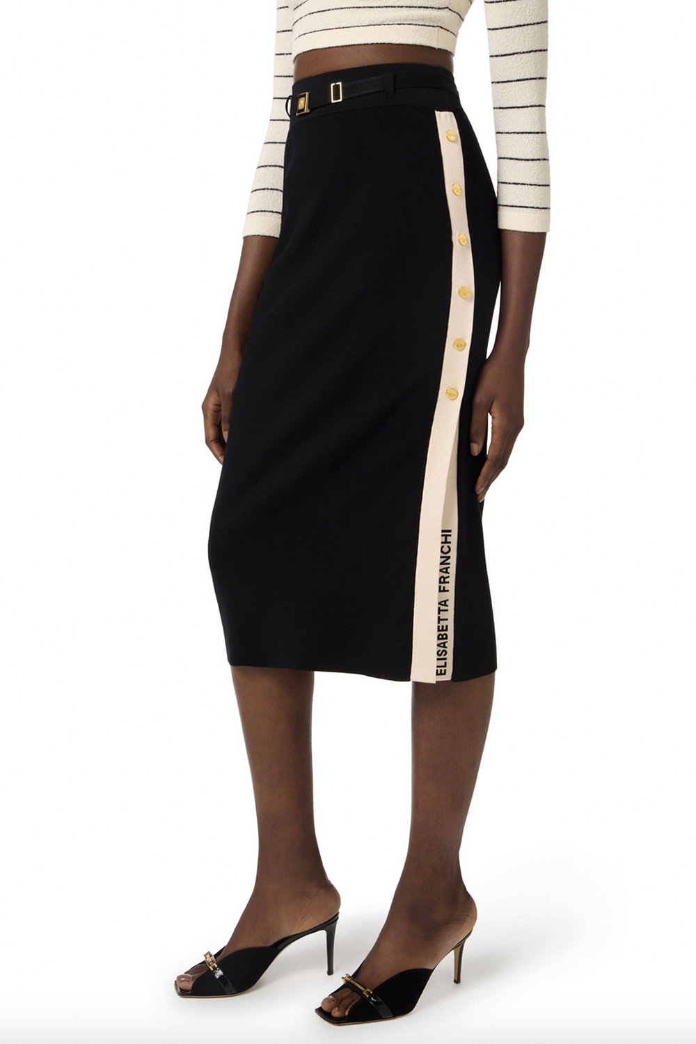 ELISABETTA FRANCHI Elisabetta Franchi long skirt with belt and white side piping BLACK