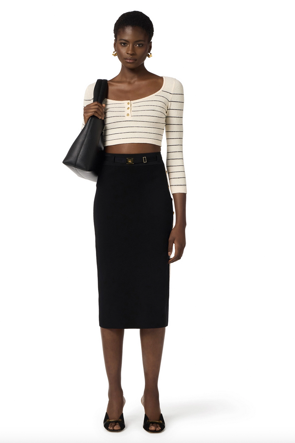 ELISABETTA FRANCHI Elisabetta Franchi long skirt with belt and white side piping BLACK