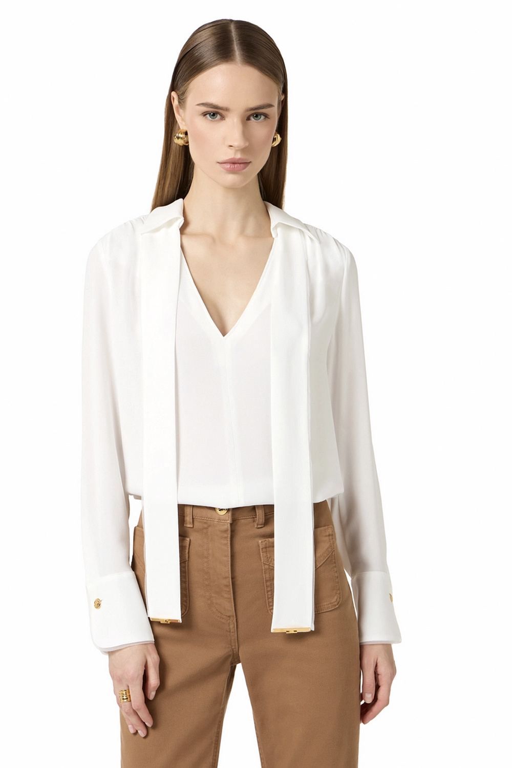 ELISABETTA FRANCHI Elisabetta Franchi V-neck blouse with belt WHITE