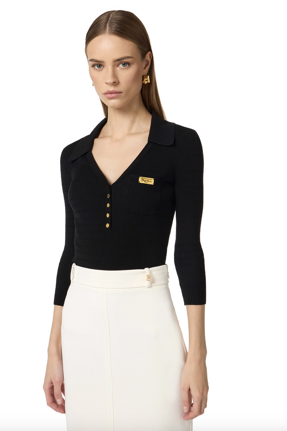 ELISABETTA FRANCHI Elisabetta Franchi top with 3/4 sleeves and V-neck BLACK