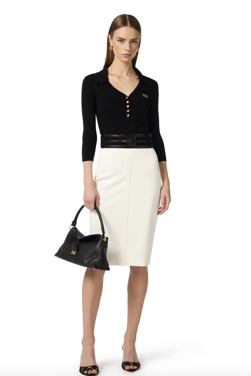 ELISABETTA FRANCHI Elisabetta Franchi top with 3/4 sleeves and V-neck BLACK