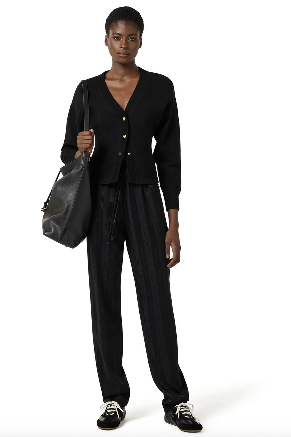 ELISABETTA FRANCHI Elisabetta Franchi satin trousers with elasticated waistband and subtle all-over logo BLACK