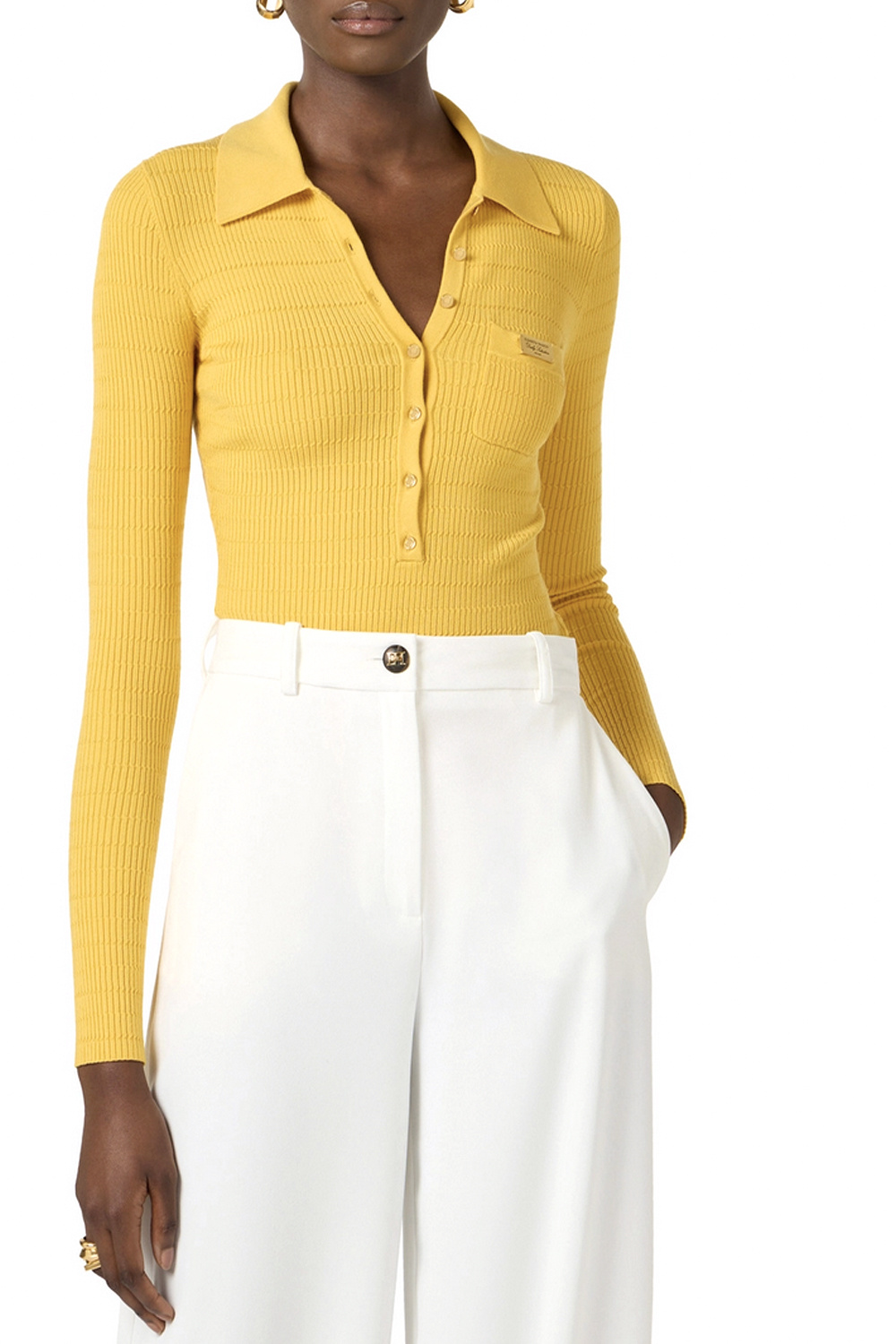 ELISABETTA FRANCHI Elisabetta Franchi long-sleeved bodysuit with gold buttons, ochre YELLOW