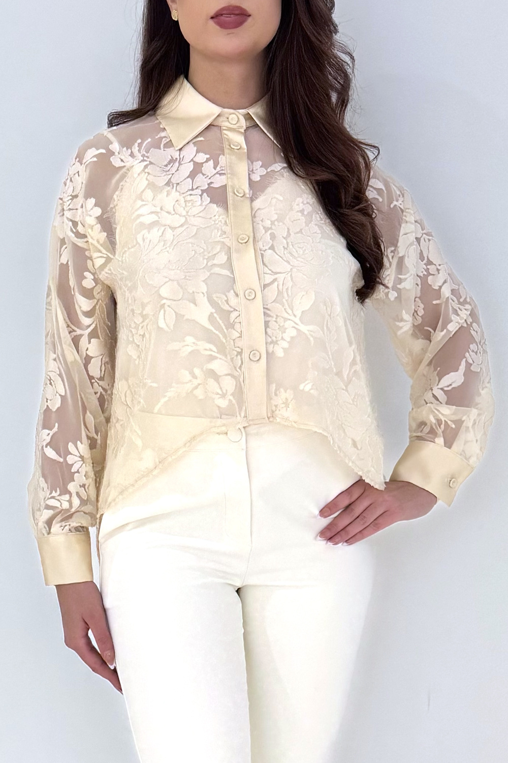 RINASCIMENTO Rinascimento transparante blouse met bloemenprint asymetrisch room Wit / Creme