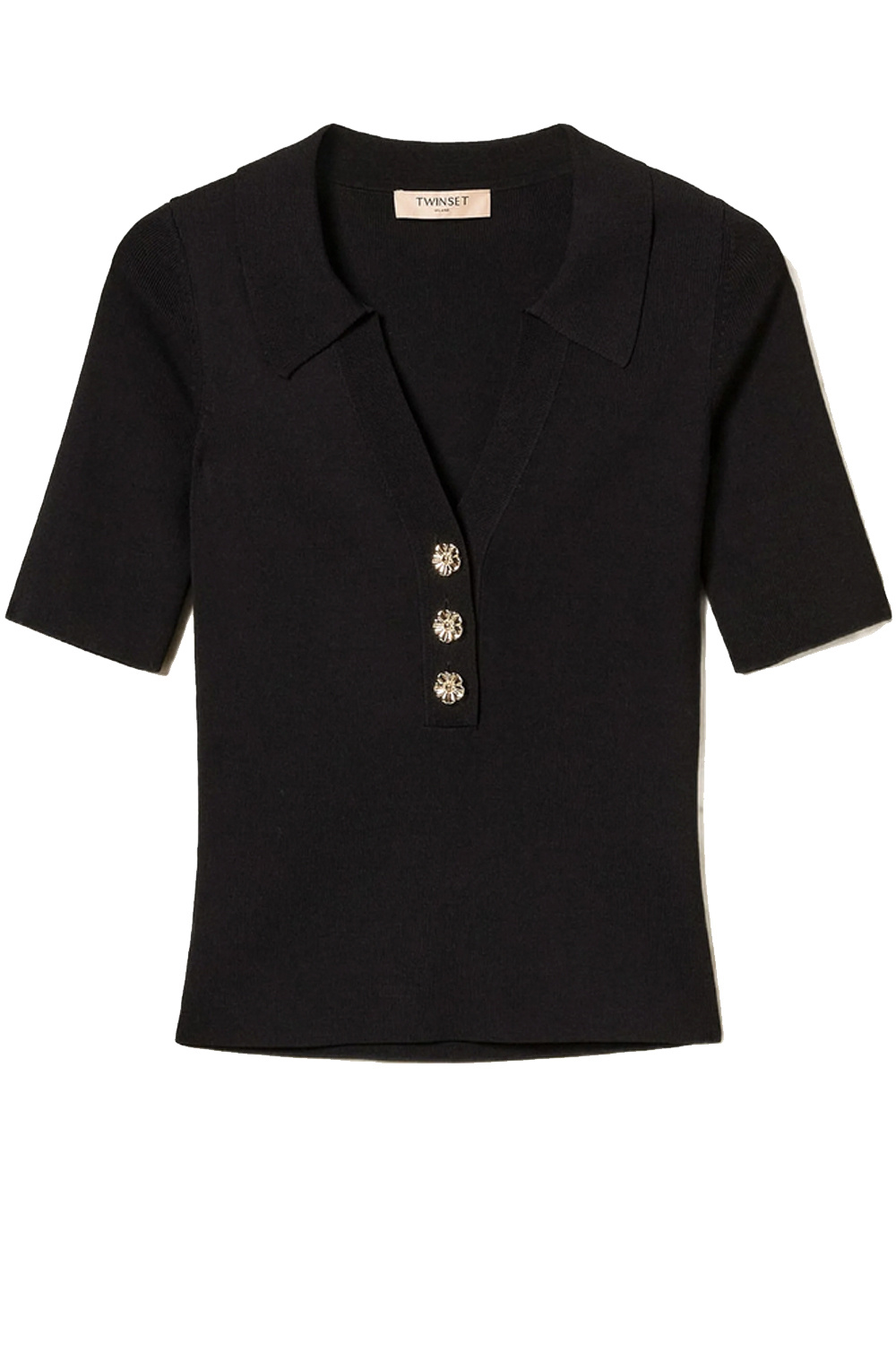 TWINSET Twinset Polo top met v hals en bloemen knopen ZWART