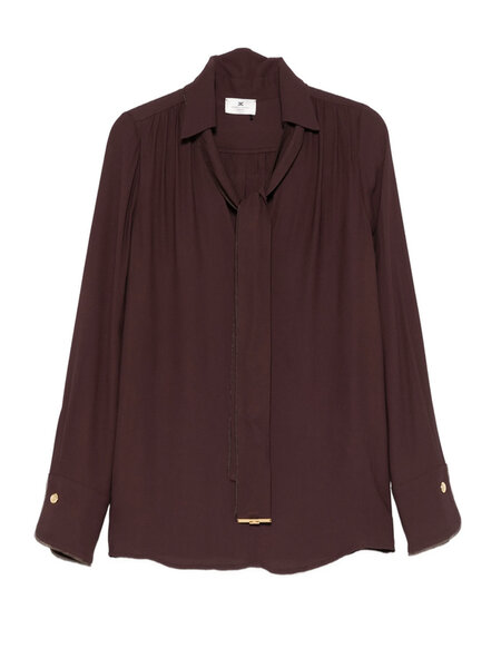 ELISABETTA FRANCHI Elisabetta Franchi blouse with V-neck and bow belt, cocoa / BROWN