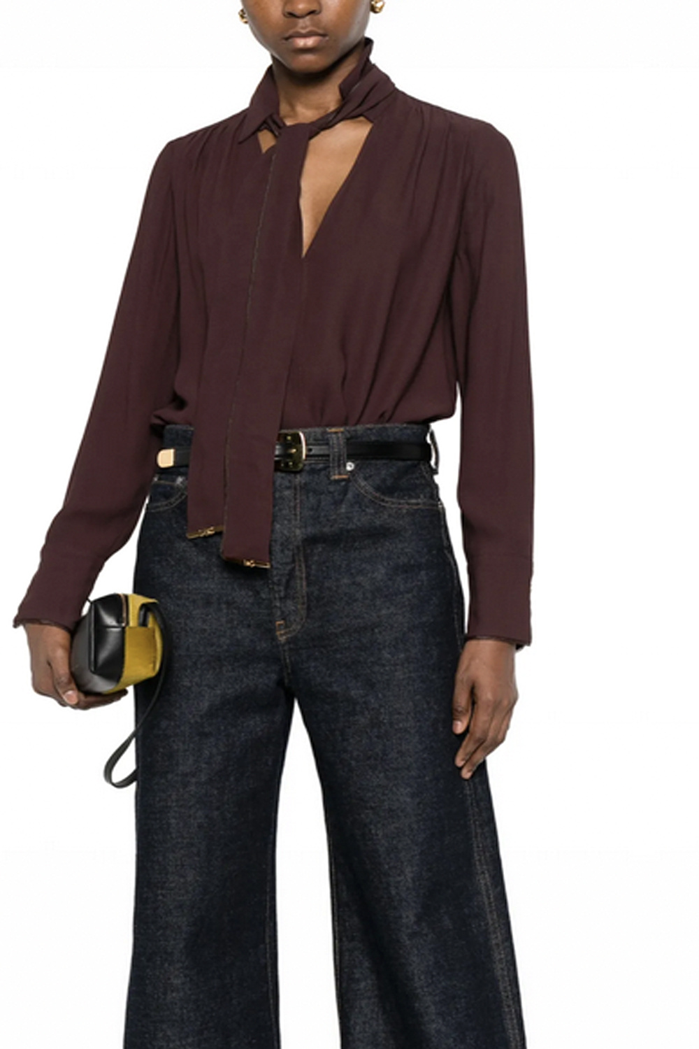 ELISABETTA FRANCHI Elisabetta Franchi blouse met v hals en strikceintuur cacao / BRUIN