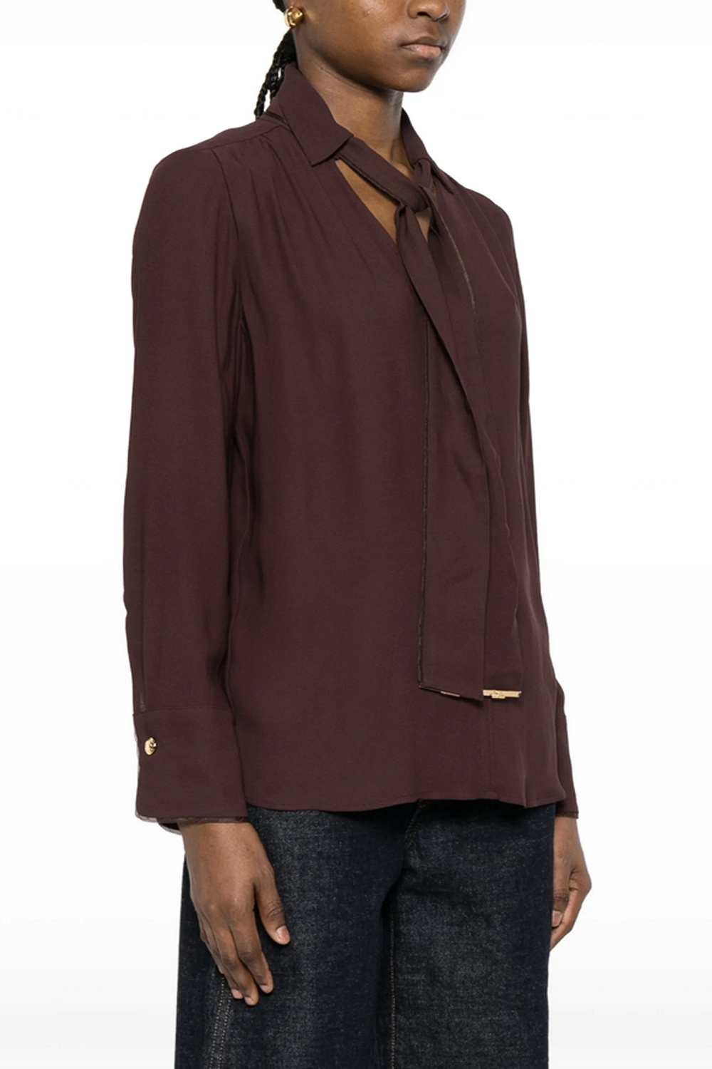 ELISABETTA FRANCHI Elisabetta Franchi blouse met v hals en strikceintuur cacao / BRUIN