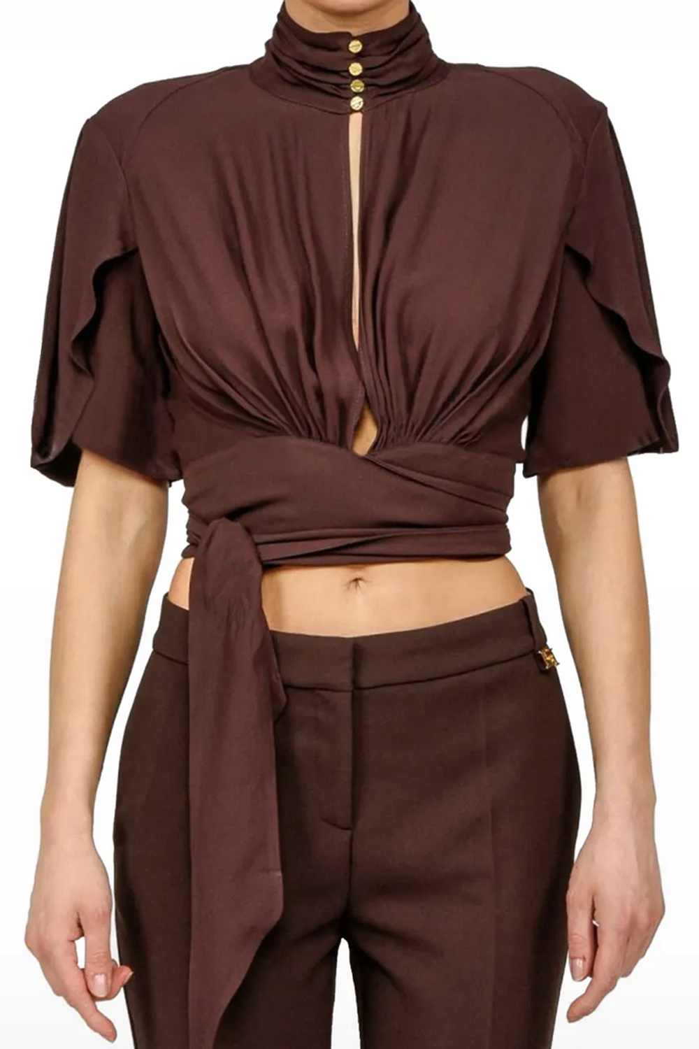 ELISABETTA FRANCHI Elisabetta Franchi korte blouse met opstaand kraag Cacao / BRUIN