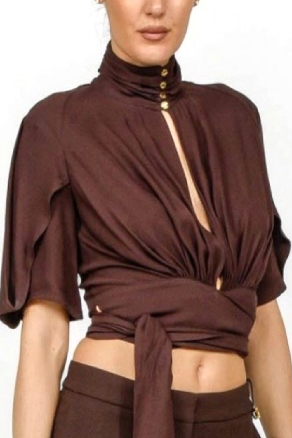 ELISABETTA FRANCHI Elisabetta Franchi korte blouse met opstaand kraag Cacao / BRUIN