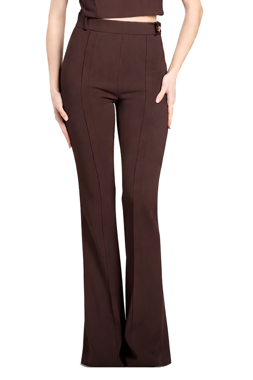ELISABETTA FRANCHI Elisabetta Franchi flared pantalon met logo bedeltje aan riemlus cacao / BRUIN