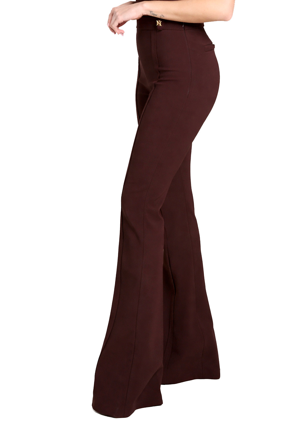 ELISABETTA FRANCHI Elisabetta Franchi flared pantalon met logo bedeltje aan riemlus cacao / BRUIN