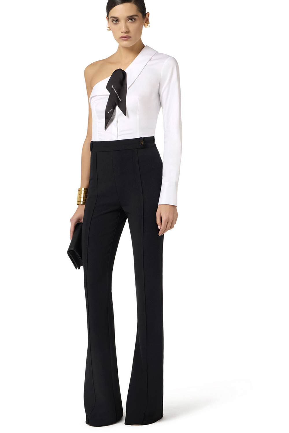 ELISABETTA FRANCHI Elisabetta Franchi flared pantalon met logo bedeltje aan riemlus  ZWART