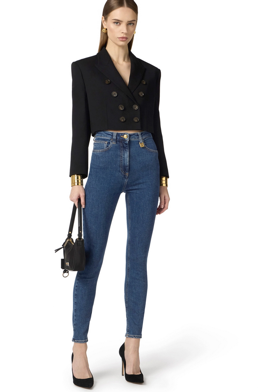 ELISABETTA FRANCHI Elissabetta Franchi skinny jeans high waist met logo detail aan rechterbies BLAUW