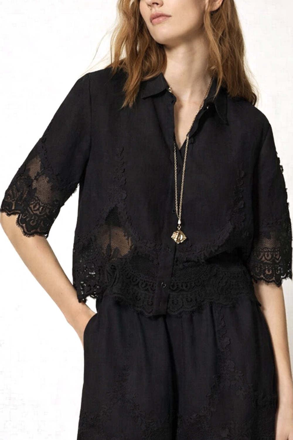 TWINSET Twinset cropped blouse with lace BLACK