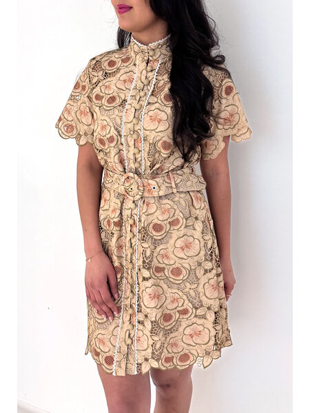 Dreamcatcher Dreamcatcher Bianca dress with lace and allover coffee print / DARK BEIGE