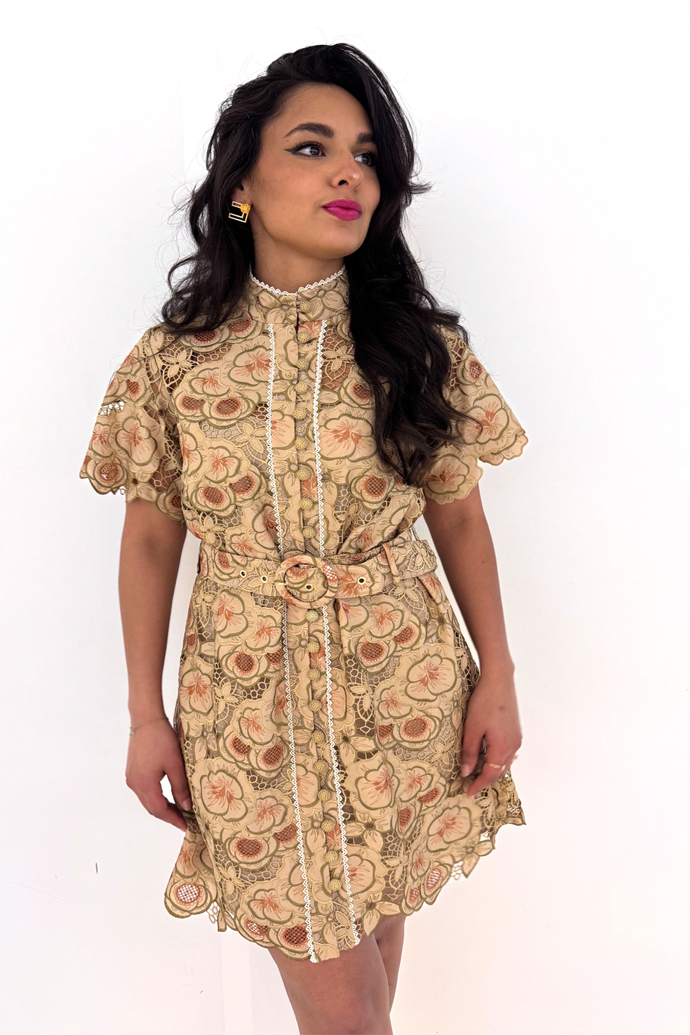 Dreamcatcher Dreamcatcher Bianca jurk met kant en print allover coffe / DONKER BEIGE