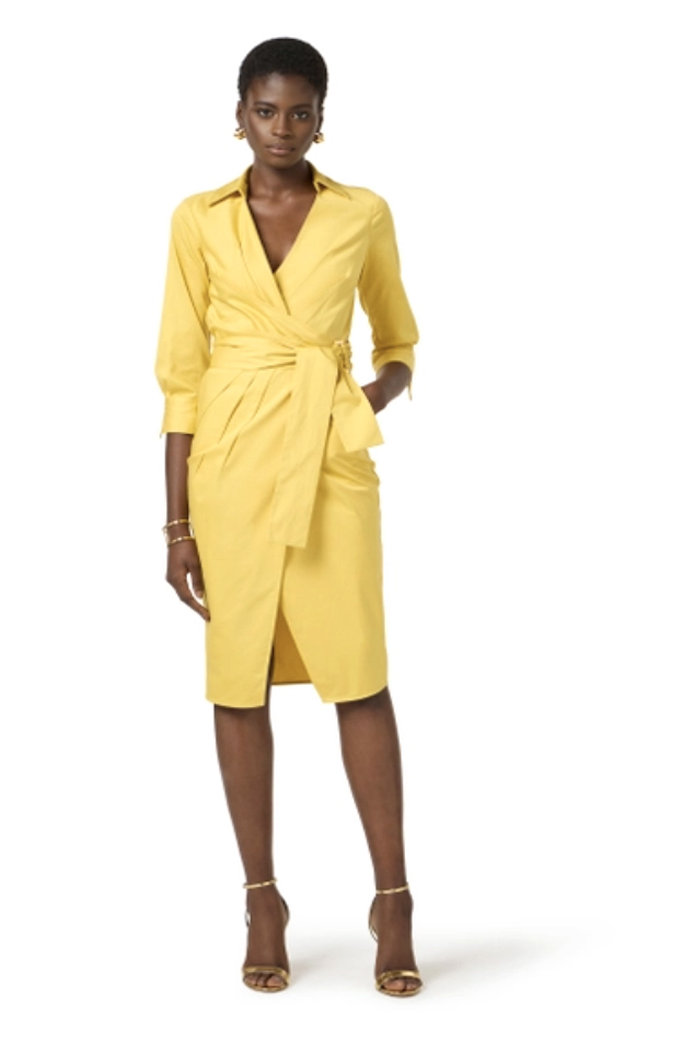 ELISABETTA FRANCHI Elisabetta Franchi jurk 3/4 mouw en overslag GEEL