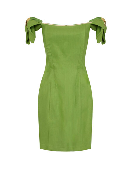 ELISABETTA FRANCHI Elisabetta Franchi off-the-shoulder dress with gold detailing in Aloe / GREEN