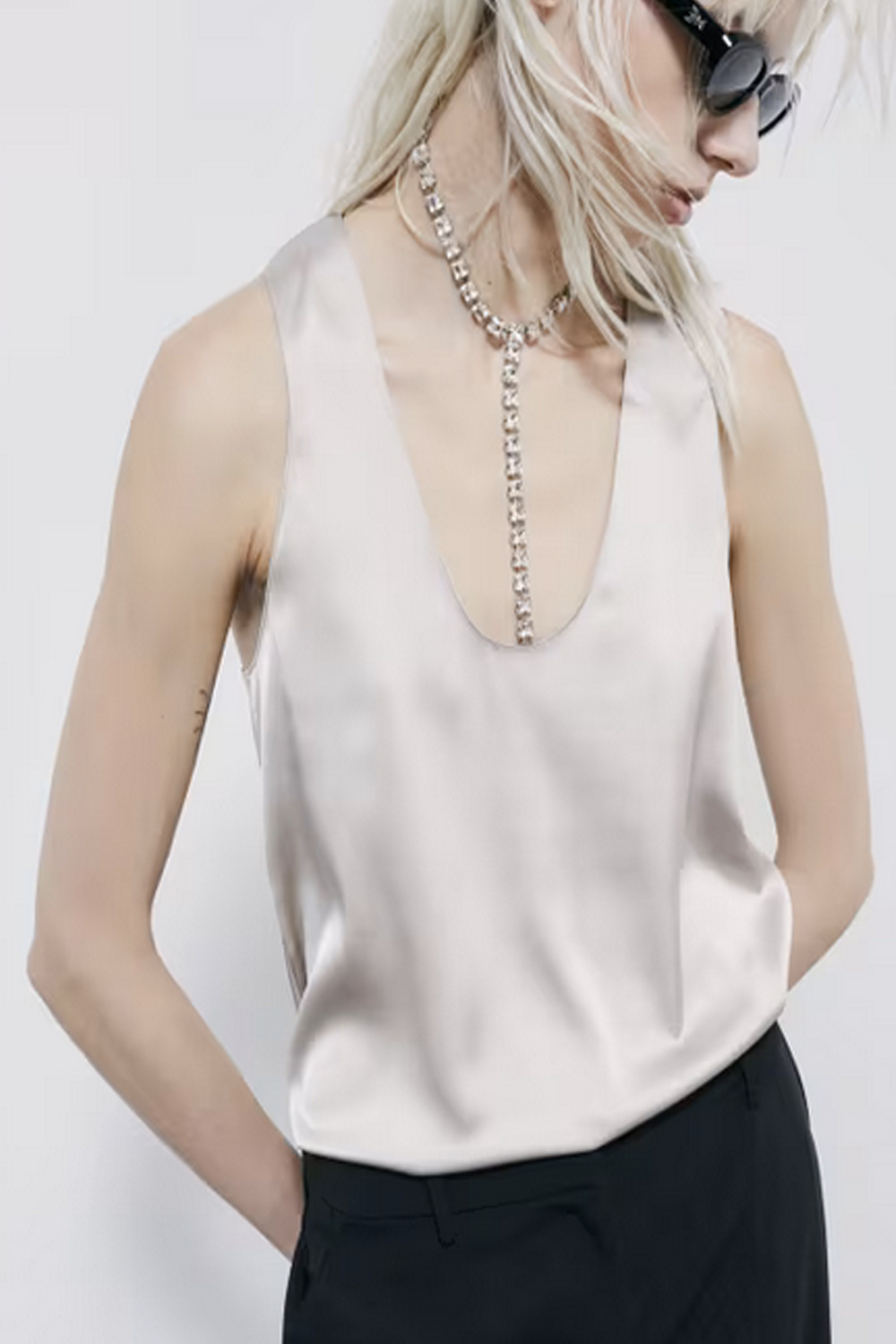 PATRIZIA PEPE Patrizia Pepe satin tanktop met ronde hals cloud gray / GRIJS BEIGE