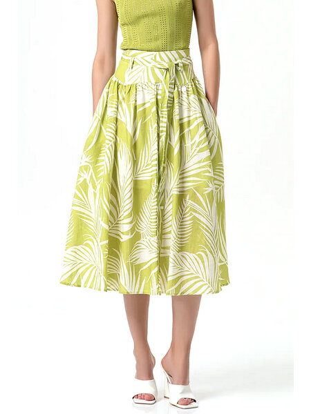 Fracomina Long skirt with leaf print olive / GREEN