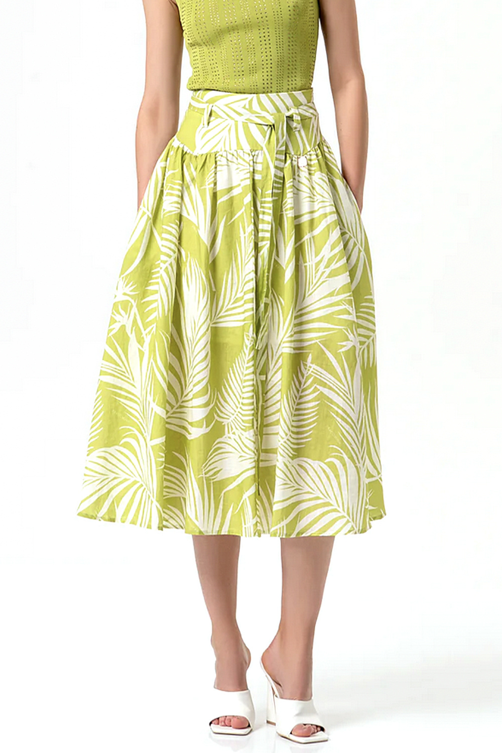 Fracomina Long skirt with leaf print olive / GREEN