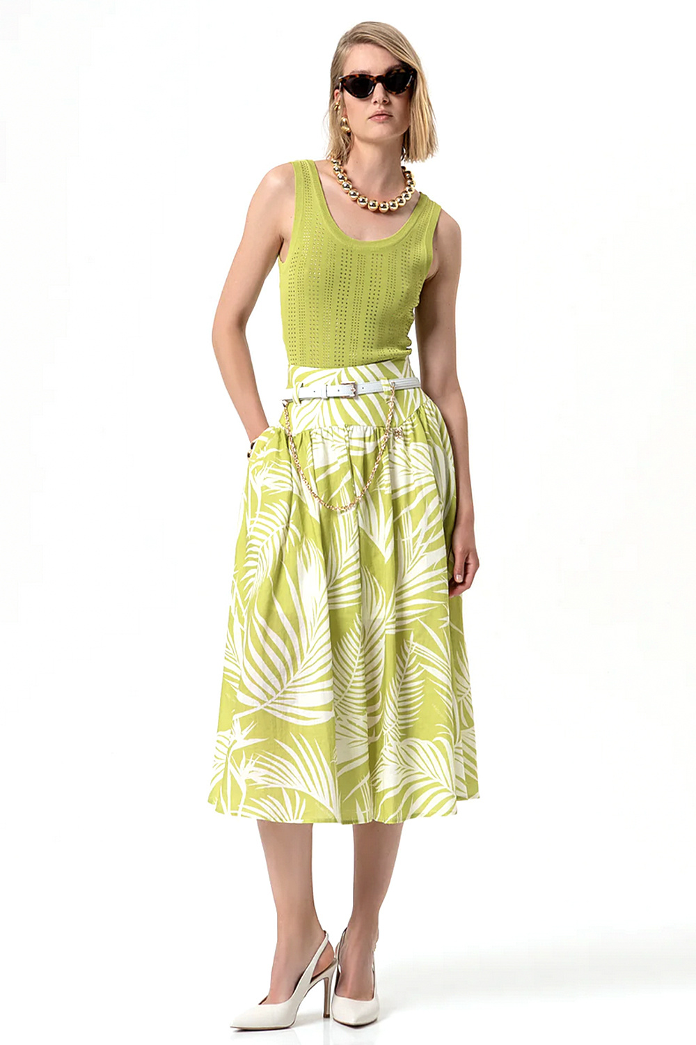 Fracomina Long skirt with leaf print olive / GREEN