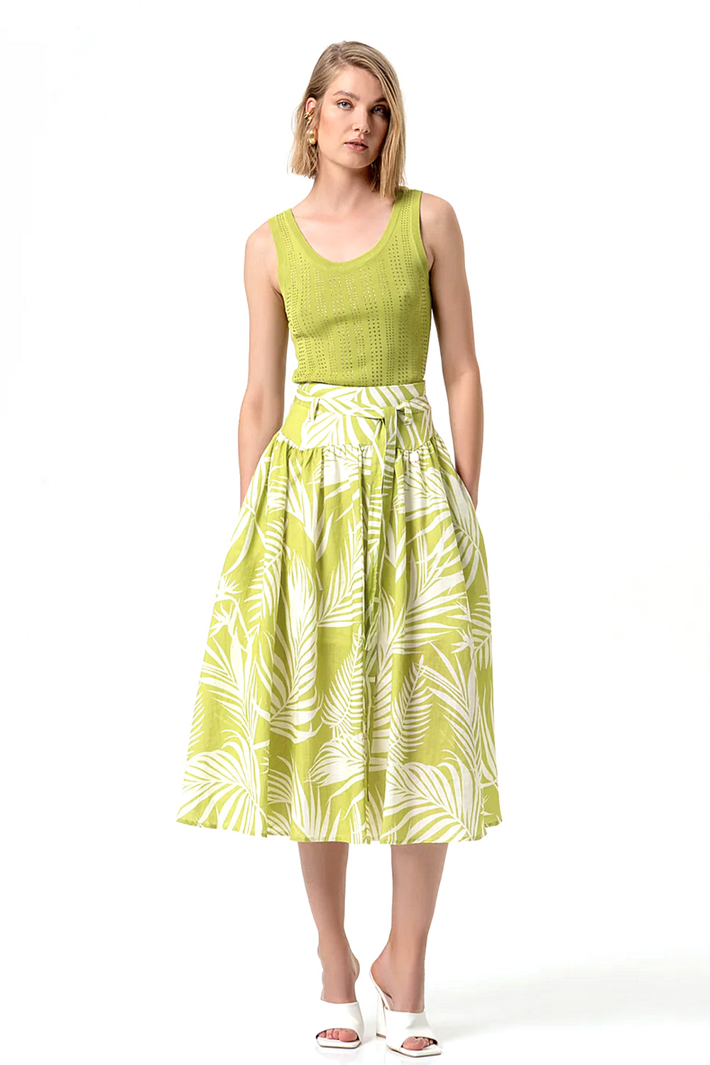 Fracomina Long skirt with leaf print olive / GREEN