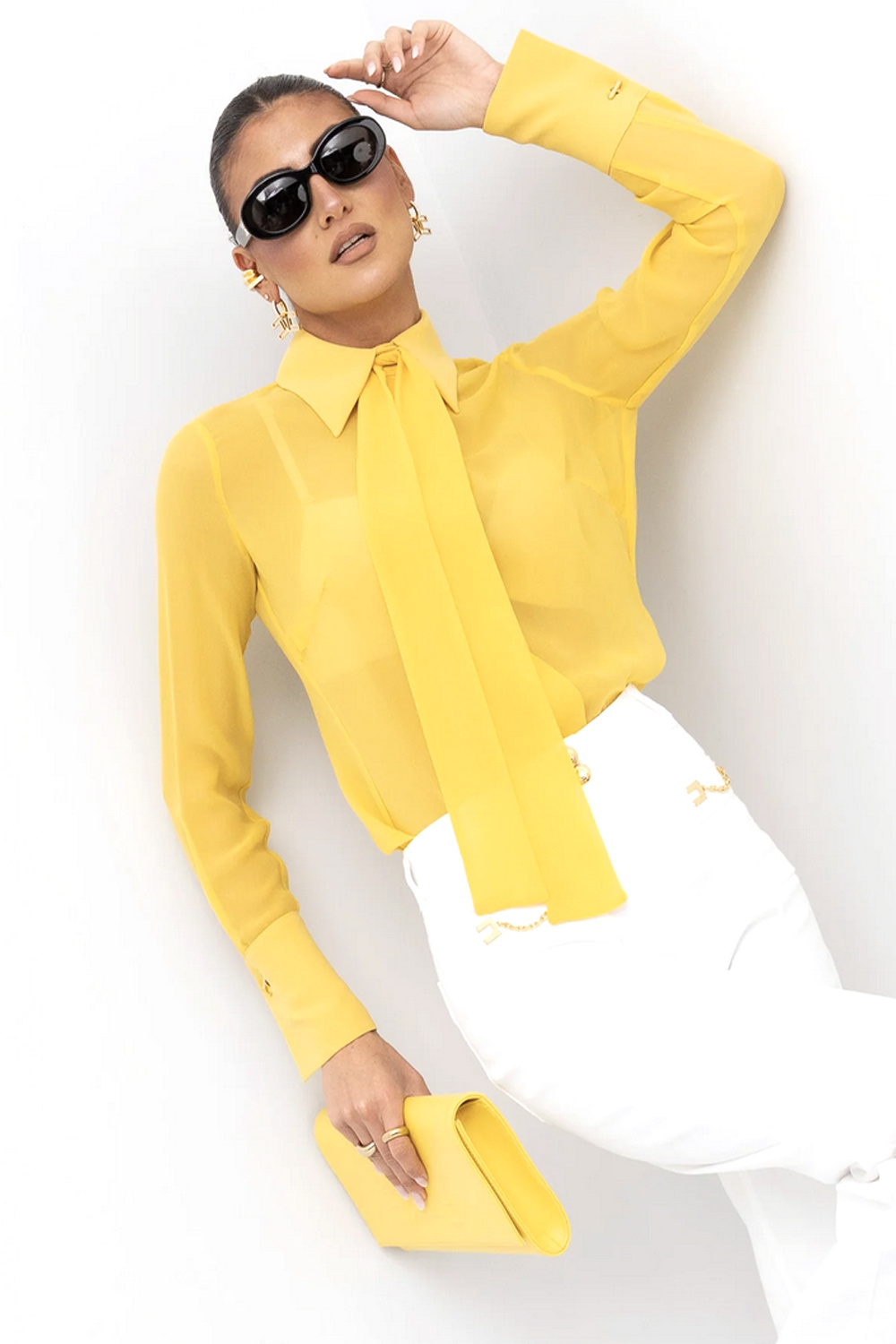 ELISABETTA FRANCHI Elisabetta Franchi Blouse met gouden details en logo sun / GEEL