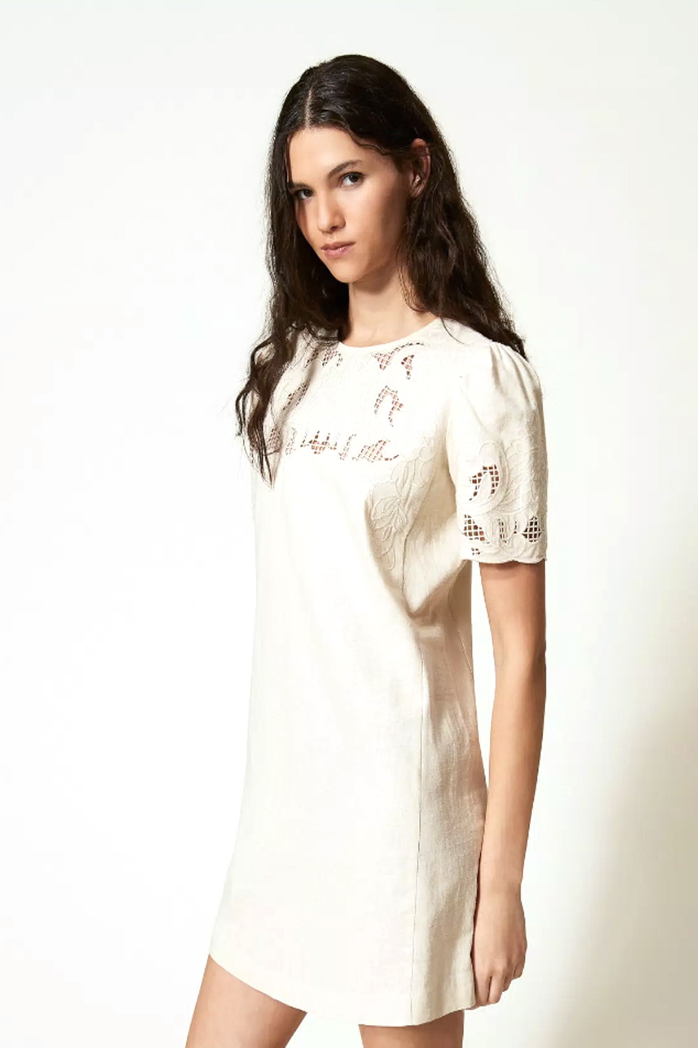 TWINSET Twinset linnen jurk met kant en korte mouwen zacht BEIGE