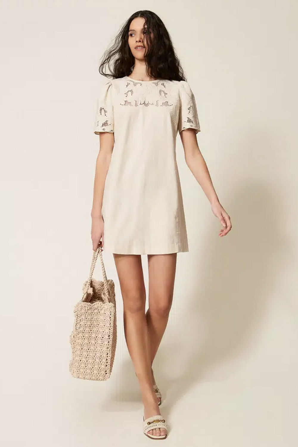 TWINSET Twinset linnen jurk met kant en korte mouwen zacht BEIGE