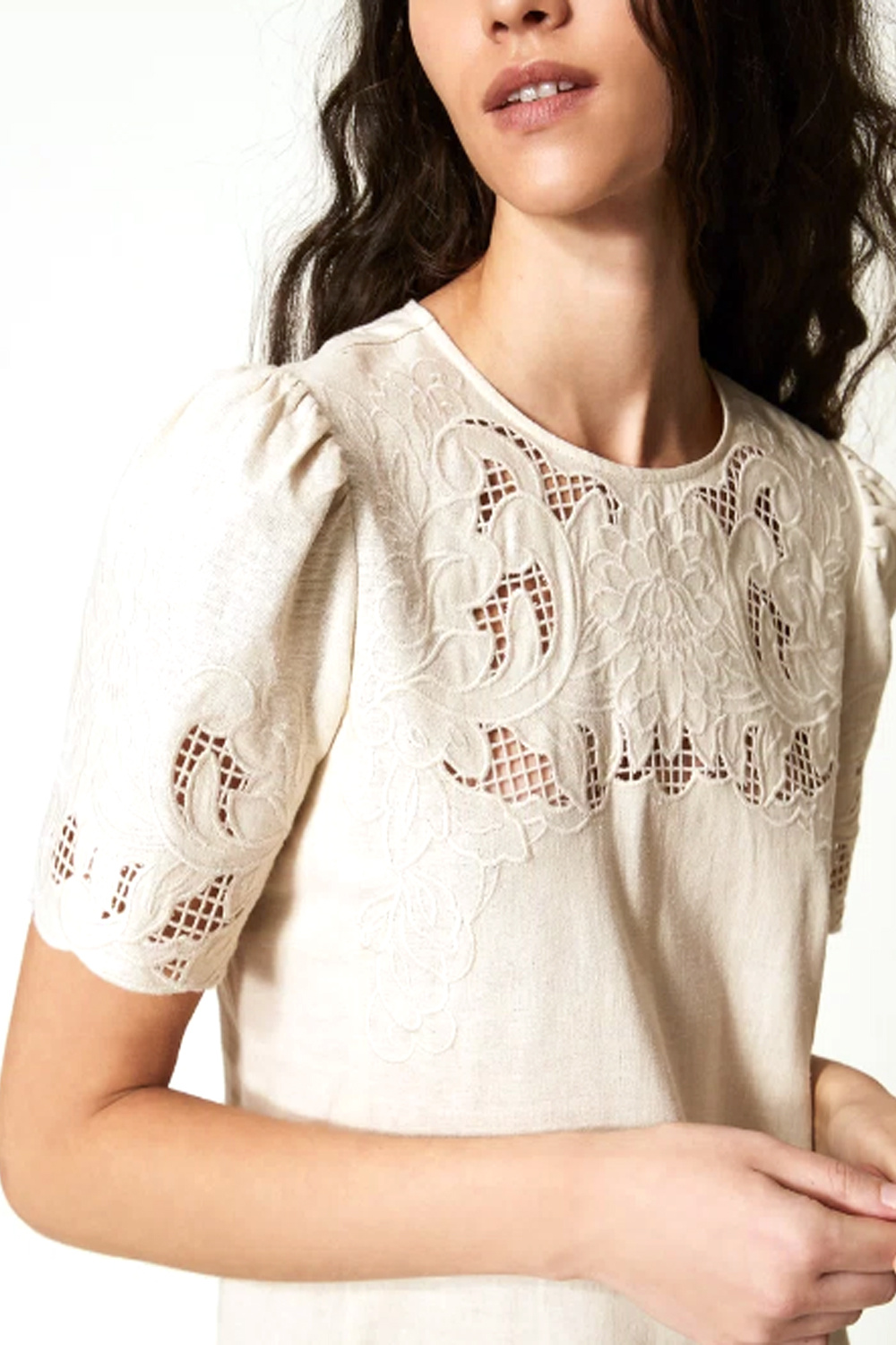 TWINSET Twinset linnen jurk met kant en korte mouwen zacht BEIGE
