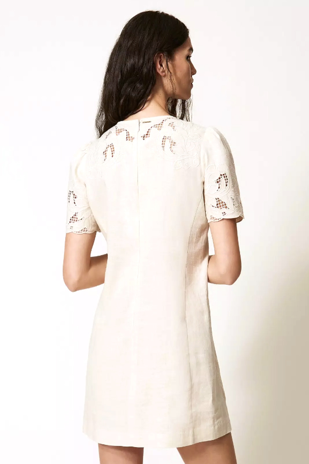 TWINSET Twinset linnen jurk met kant en korte mouwen zacht BEIGE