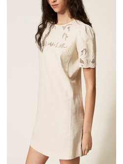 TWINSET Twinset linen dress with lace and short sleeves in soft BEIGE