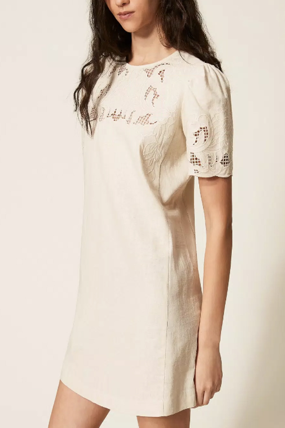 TWINSET Twinset linnen jurk met kant en korte mouwen zacht BEIGE