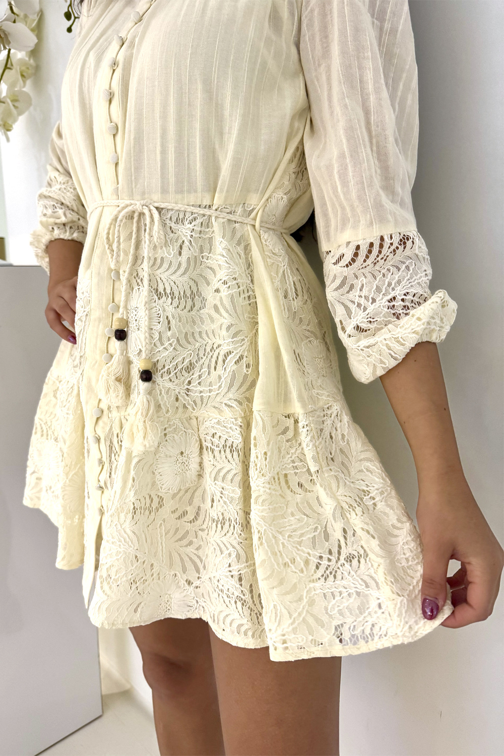 Dreamcatcher Dream Catcher jurk met ceintuur en kant BEIGE